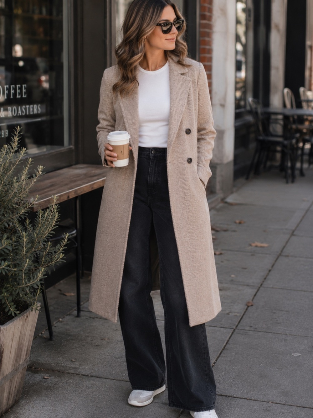 Avec Les Filles Beige Herringbone Double-Breasted Trench Coat NWOT